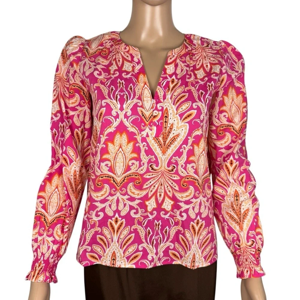 NWT New LOFT Paisley Smocked Cuff V-Neck Cotton Blend Blouse Size XS